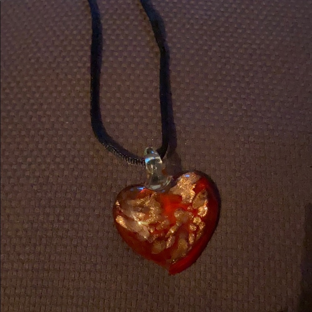Artisan glass necklace. Red heart with gold flecks